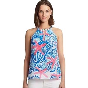 Lilly Pulitzer Rogan XS Resort White She She Shells Silk Top Starfish M